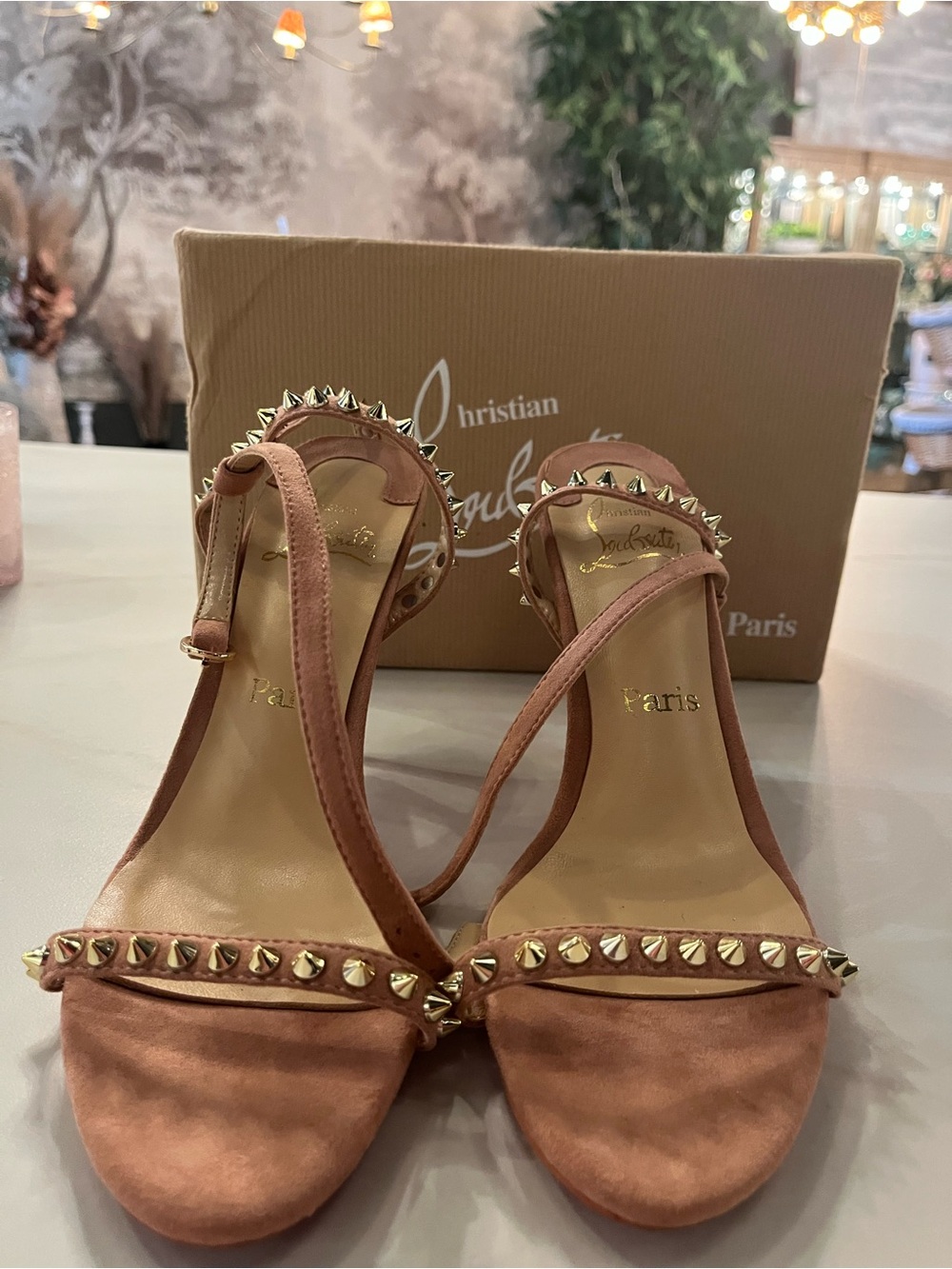 Christian Louboutin Blush Pink Suede Spike-Trim Sandals